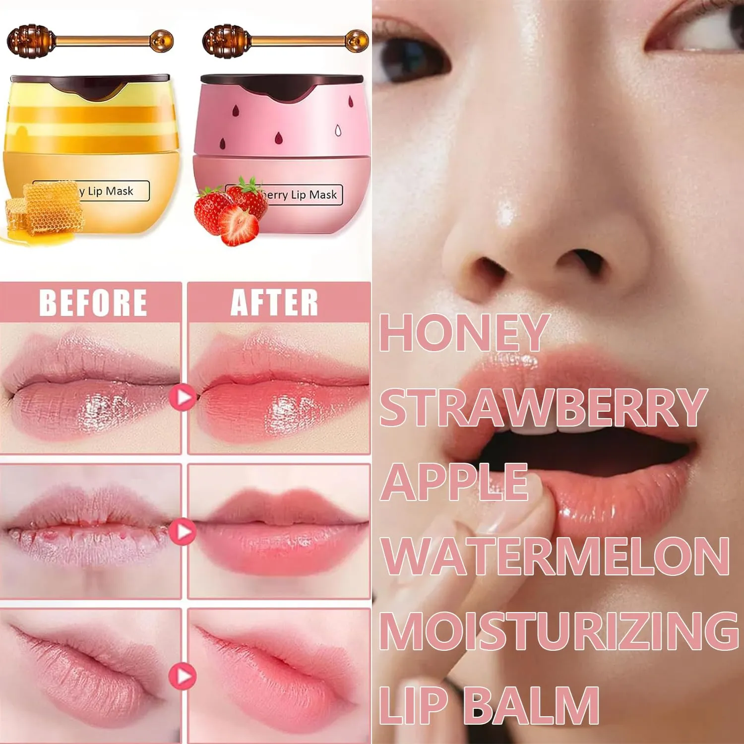 2 PCS Bee Lip Balm Honey Pot, Strawberry & Honey Lip Sleeping Masks Overnight, Hydrating Prevention Dry and Cracked Lip Scrubs Exfoliator Lip Care, Reduces Lip Lines