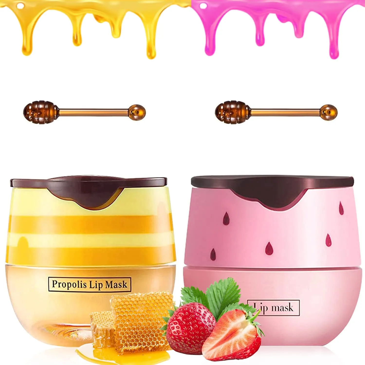 2 PCS Bee Lip Balm Honey Pot, Strawberry & Honey Lip Sleeping Masks Overnight, Hydrating Prevention Dry and Cracked Lip Scrubs Exfoliator Lip Care, Reduces Lip Lines