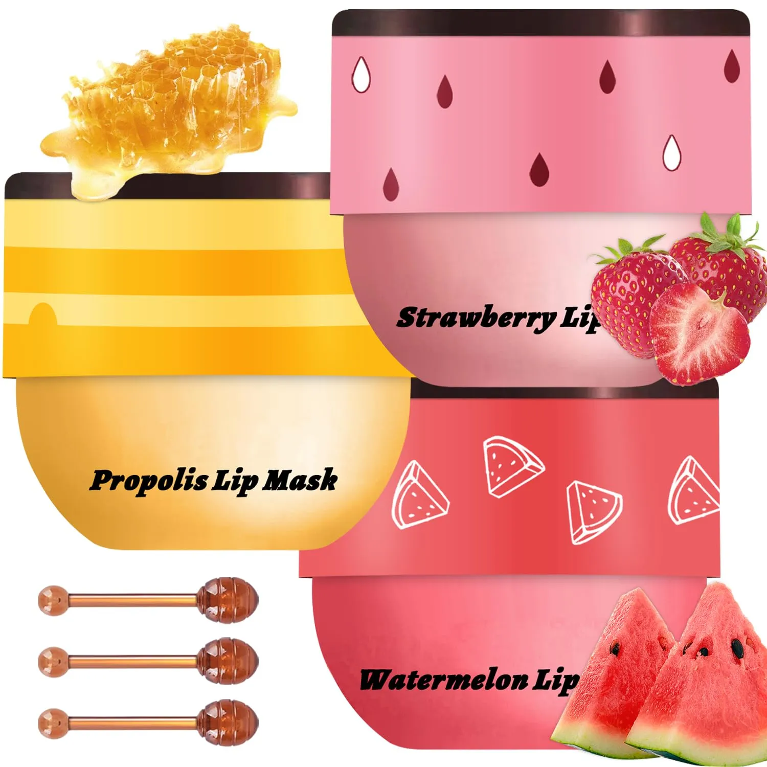 3 Pcs Bee Lip Balm Honey Pot, Honey Strawberry Watermelon Lip Mask Overnight, Moisturizing Sleeping Lip Mask, Hydrate Repair Prevent Dry Cracked Lip Care (Honey Strawberry Watermelon)