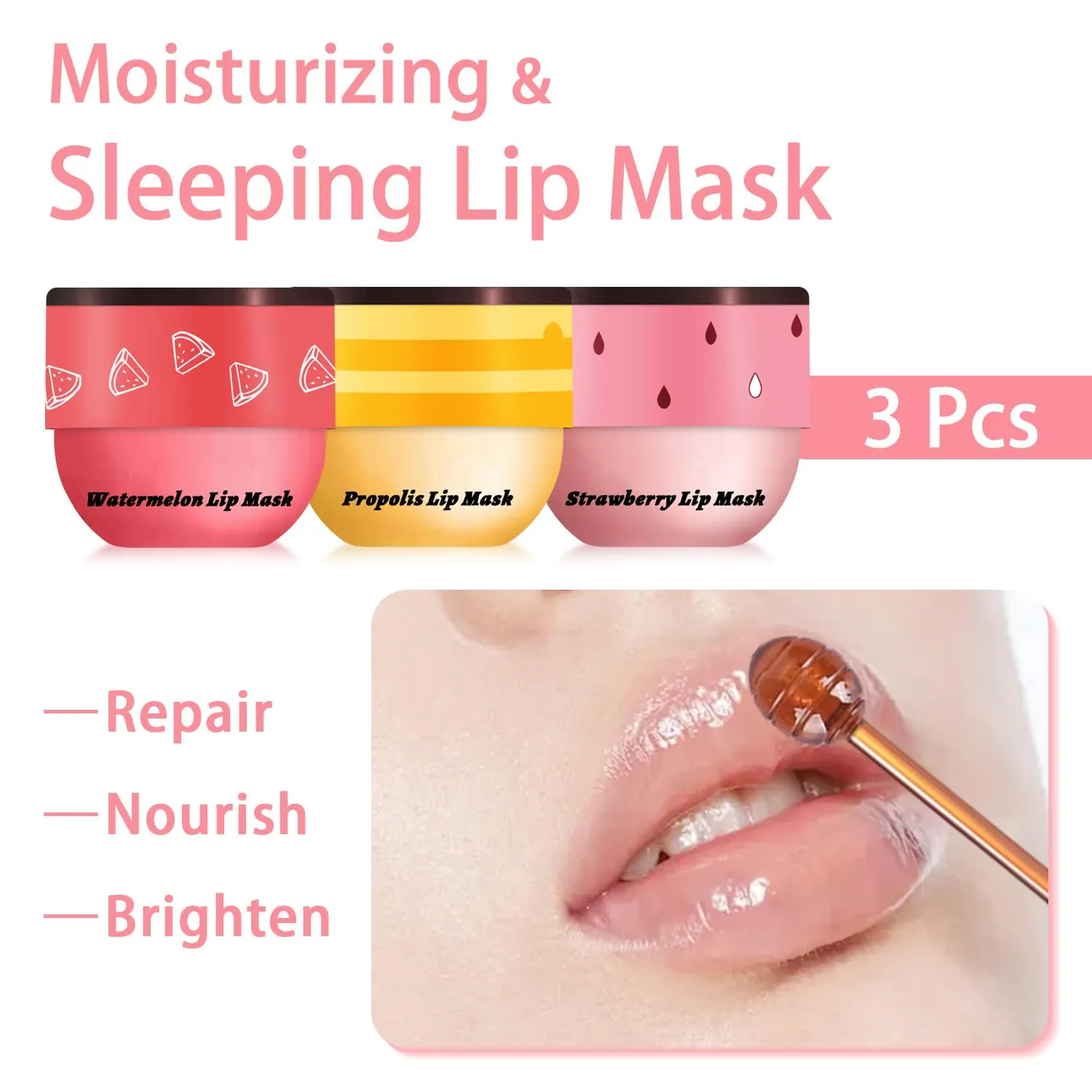 3 Pcs Bee Lip Balm Honey Pot, Honey Strawberry Watermelon Lip Mask Overnight, Moisturizing Sleeping Lip Mask, Hydrate Repair Prevent Dry Cracked Lip Care (Honey Strawberry Watermelon)