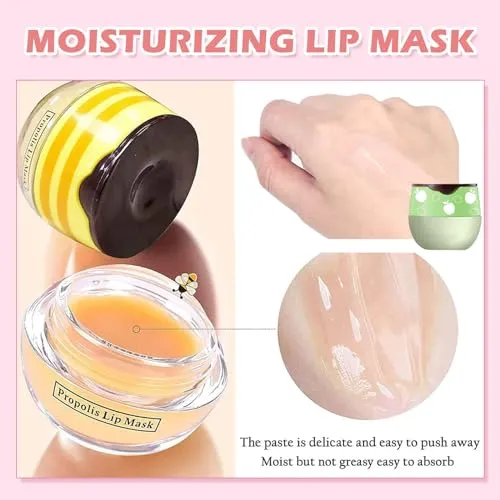 Bee Lip Balm Honey Pot, 2 PCS Strawberry & Honey Lip Masks Hydrating Prevention Dry and Cracked Lip Scrubs Exfoliator,Lip Sleep Mask Reduces Lip Lines,Lip Exfoliating BeeLip Balm Sleeping Lip Mask